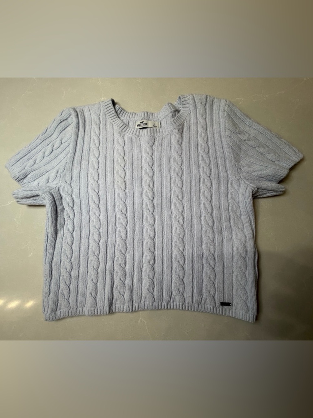 Hollister Comfy Cloud Pale Blue Cable-Knit Crewneck Crop Sweater, L